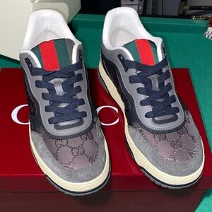 Gucci Men's Gray and Black Sneakers with Red Accents